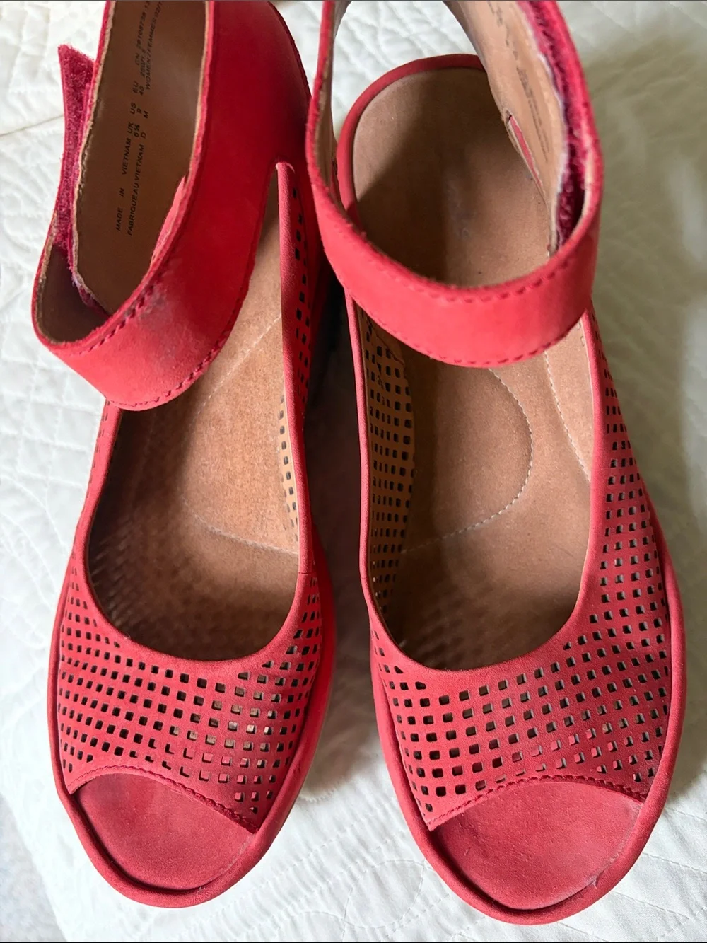 Women’s Red Suede Perforated Peep-Toe Ankle Strap Wedges